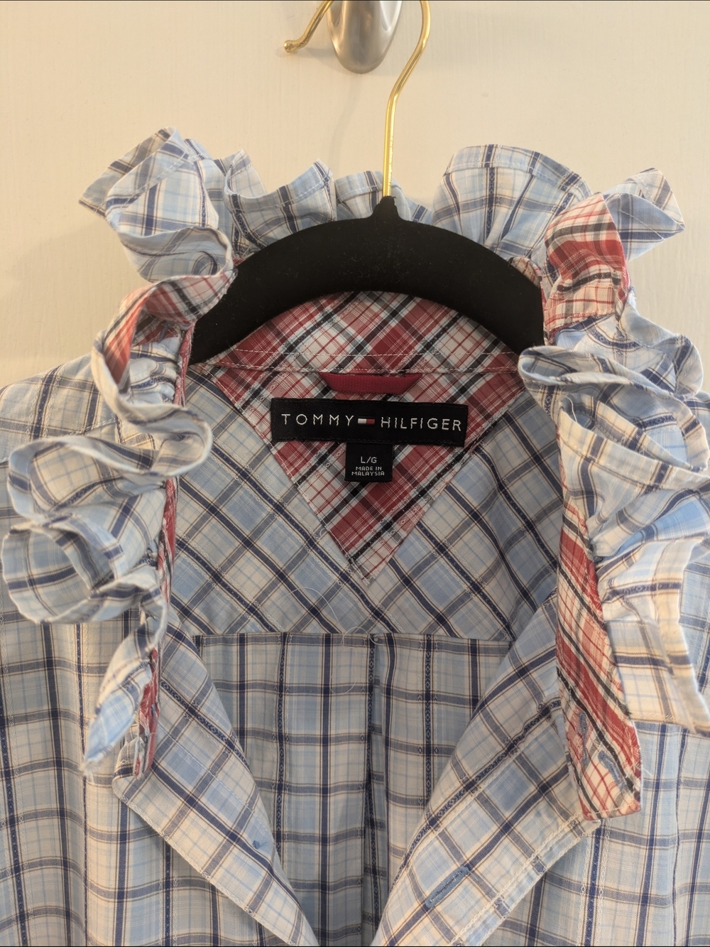 Upcycled Tommy Hilfiger Blue Plaid Short-Sleeve Shirt - Picture 2 of 4